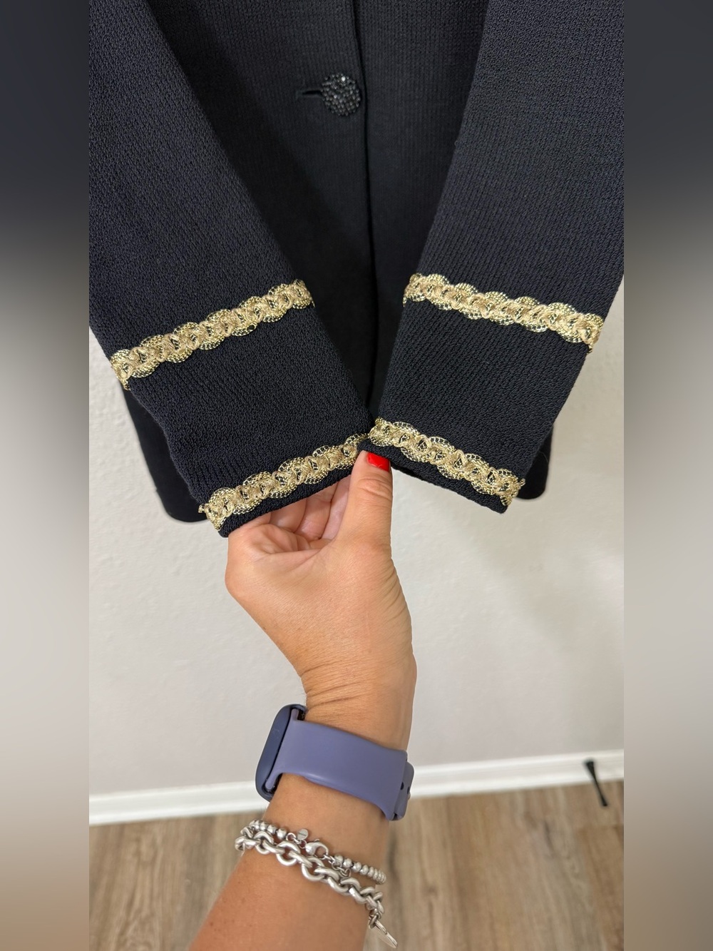 Vintage St John Evening Marie Gray Black Gold Long Knit Jacket Sz 6 Jeweled - Picture 4 of 10